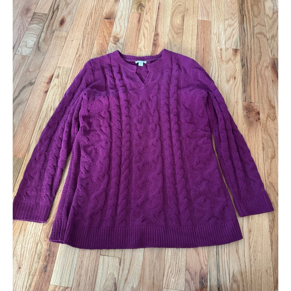J. Jill Chenille Cable Knit Sweater Plum Purple Split Neck Tunic Small Petite